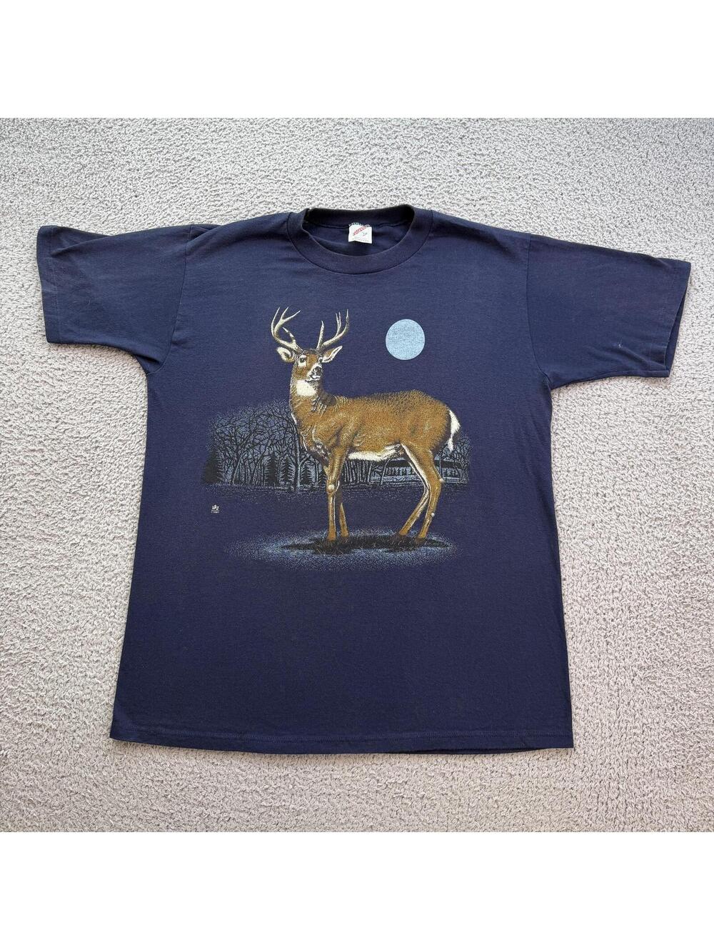 Vintage 90s Deer Wildlife T Shirt Jerzees USA Made Nature Outdoors Graphic Tee - Picture 1 of 9